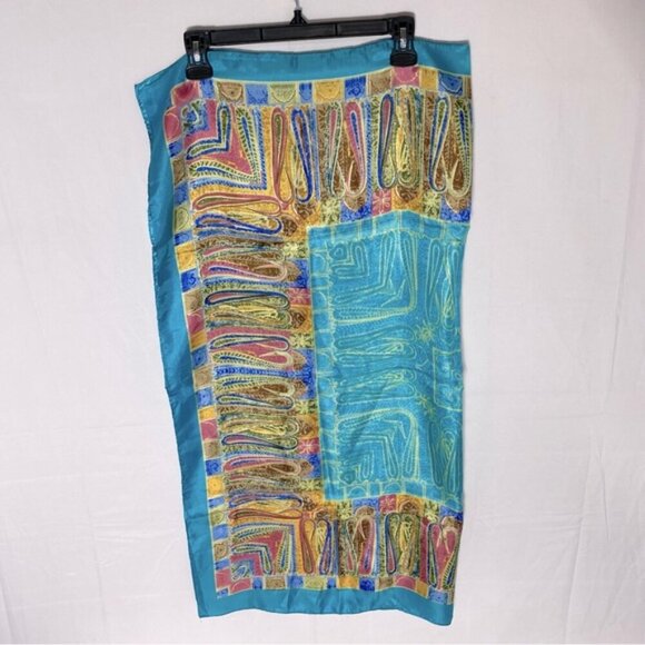 5/$25 Jiaying Blue Yellow Satin Abstract Print Square Scarf - Picture 12 of 16